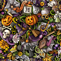 Wall Mural - Cartoon cute doodles hand drawn Halloween seamless pattern