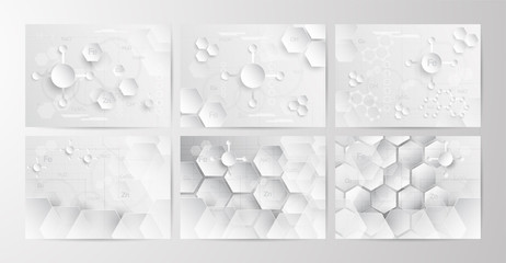 Wall Mural - Set of abstract chemical background in grey and white tone in concept of paper cut and flat design. Vector illustration in digitalcraft.