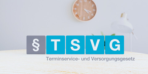 Konzept zum TSVG Gesetz (Terminservice- und Versorgungsgesetz). Buchstaben stehen in blauen Quadraten. Das Paragraphen Zeichen in einem grauen Feld.