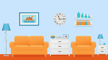 Living Room Interior. Vector. Lounge With Furniture. Home Background In Flat Design. Cartoon House Equipment In Modern Apartment. Colorful Animated Illustration Parlor With Orange Sofa And Armchair.