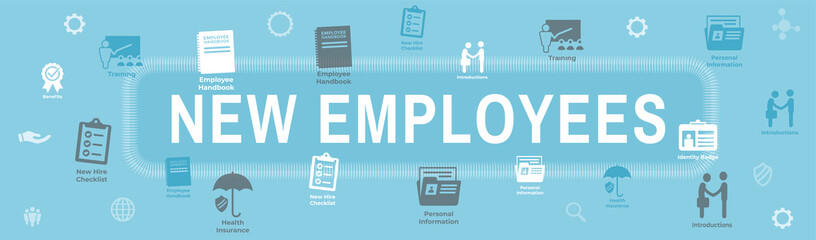 Wall Mural - New Employee Hiring Process icon set  with handbook, checklist, etc