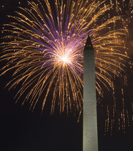 Fireworks In Washington DC On The 4th Of July, Independence Day, With The Washington Monument In The Foreground