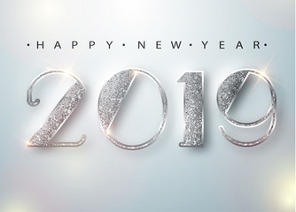 Wall Mural - happy new year 2019 greeting card with silver numbers on white background. vector illustration. merr