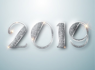 Wall Mural - happy new year 2019 greeting card with silver numbers on white background. vector illustration. merr