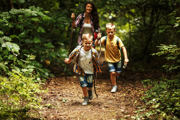 Wall Mural - mother and her little sons hiking trough forest. they're learning about nature.