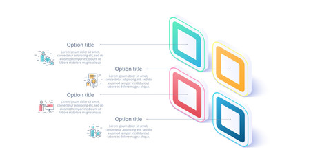Business process chart infographics with 4 step segments. Isometric 3d corporate timeline infograph elements. Company presentation slide template. Modern vector info graphic layout design.