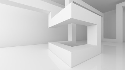 Poster - Structure of white architecture boxes on white background in empty room for technology concept, 3d illustration