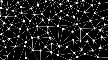Poster - Digital data and network connection triangle lines and spheres in technology concept on black background, 3d abstract illustration