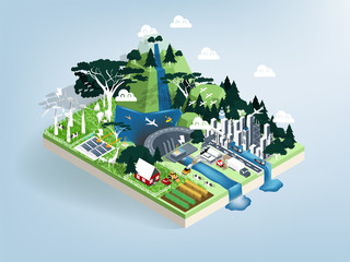 illustration vector isometric design concept of ecology modern city with nature, renewable energy future world concept, eco friendly city.