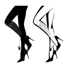 Sexy Female Legs Wearing High Heels And Halloween Style Stockings With Spider Web Silhouette - Black And White Vector Design