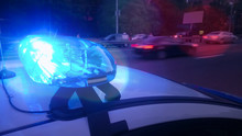 Closeup Blinking Strobe Lights On Police Car, Blue Lightbar, Emergency Situation