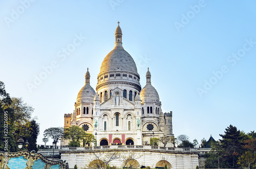 Plakat Bazylika Sacre Coeur, Paryż, o zachodzie słońca, Francja, Europa