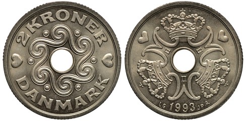 Wall Mural - Denmark Danish coin 2 two krona 1993, central hole surrounded by wavy ornament with dots, hearts at sides, pattern made of Queen Margrethe II monogram and crowns,