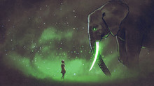 Young Woman Facing The Giant Elephant With Glowing Green Tusks, Digital Art Style, Illustration Painting