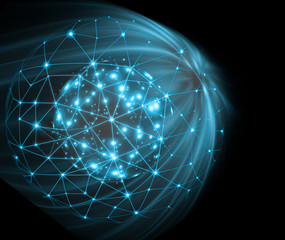 Poster - Abstract background. Abstract glowing ball, communication lines, abstract internet symbol, communication, technology.