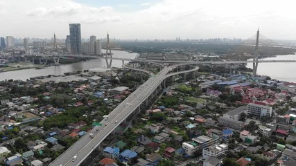 Sticker - Bird's-eye view from drone of Bhumibol Bridge in Samut Prakan, Bangkok Thailand