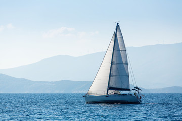  Greece sailing yacht boat at the Sea. Luxury cruise yachting.