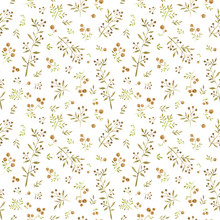 Watercolor Seamless Pattern With Cute Little Leaves And Yellow Berries On White Background