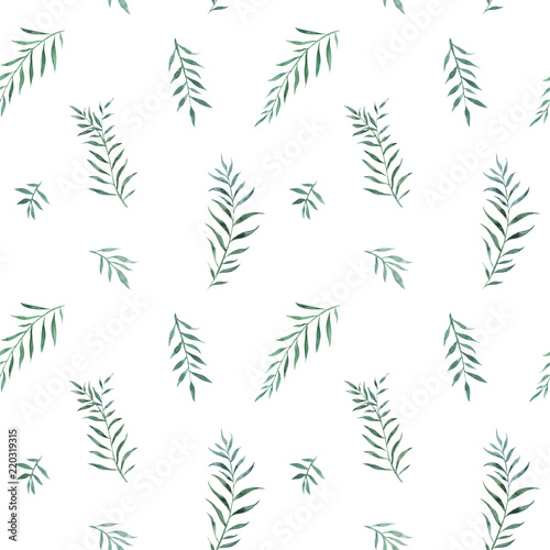 Foto-Gardine - Simple and fresh watercolor seamless pattern with blue-green leaves on white background (von NATALIA LYSKINA)