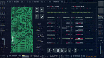 Poster - Abstract running numbers code hacking source code and map digital data holographic city buildings and information technology animation for head up display and user interface background