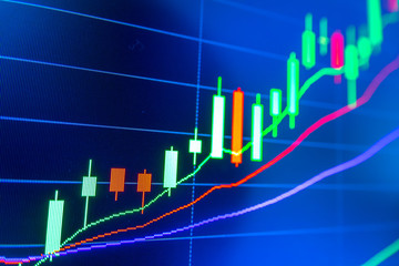 Stock market graph analysis. Stock market data on LED display on laptop screen for finance and economic. Business graph background.