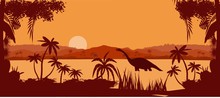Vector Panorama Of  Prehistoric Tropical Lake, With Dinosaurs Silhouettes
