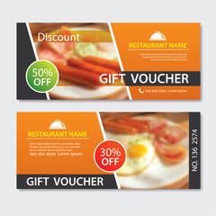 Wall Mural - Discount voucher breakfast template design. Set of fried egg, bacon,  sausage.