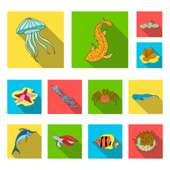 Wall Mural - A variety of marine animals flat icons in set collection for design. Fish and shellfish vector symbol stock web illustration.