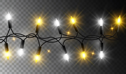 Wall Mural - Vector seamless realistic glowing christmas light garland on dark transparent background