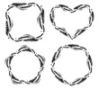 Set of wheat and malt round, heart, star and square frames or wreath on white background. Black and white hand drawn sketch for bakery, cereals or labels design. JPG include isolated path