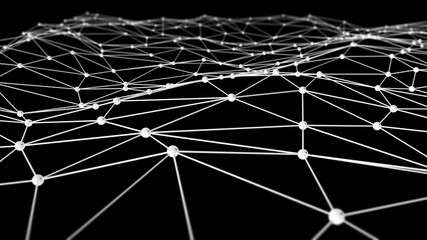 Poster - white digital data and network connection triangle lines in technology concept on black background, 