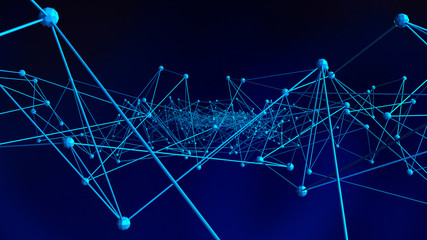 Poster - blue digital data and network connection triangle lines and spheres in technology concept on black b