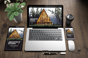 Fototapete - devices on wooden fllor architect website