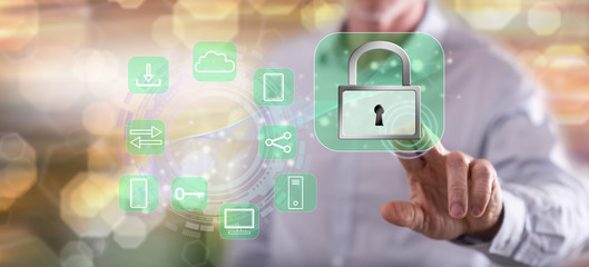 man touching a digital security concept