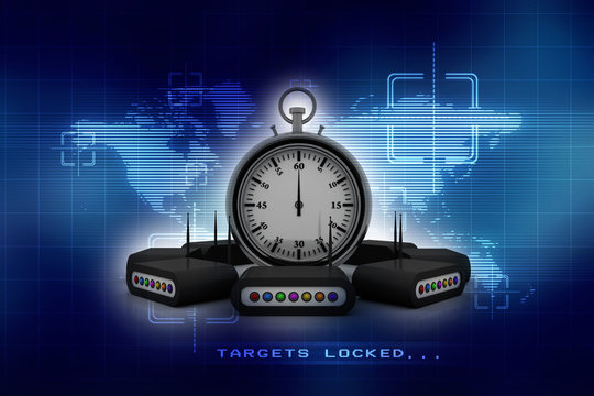 3d illustration stopwatch with modem network
