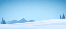 Vector Illustration: Winter Snowy Mountains Landscape With Pines And Field
