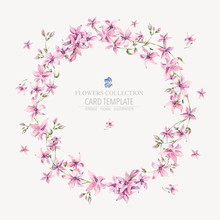 Vector Vintage Floral Round Wreath With Pink Wildflowers