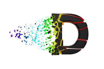 Aufkleber - Broken shattered iridescent alphabet letter D uppercase. Crushed black and rainbow font. 3D render isolated on white background.