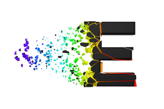 Broken shattered iridescent alphabet letter E uppercase. Crushed black and rainbow font. 3D render isolated on white background.