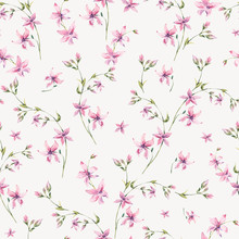 Vector Vintage Floral Seamless Pattern With Pink Wildflowers.