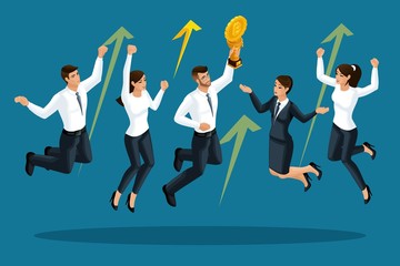 Wall Mural - Isometrics of businessmen are happy and jumping, Cryptocurrency is growing, a victory on the stock exchange