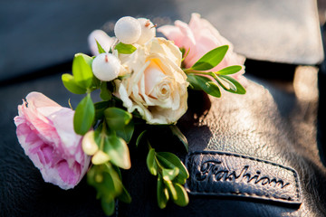 Sticker - Close-up of groom's hand holding bride's wirst tender, flower, newlywed, church