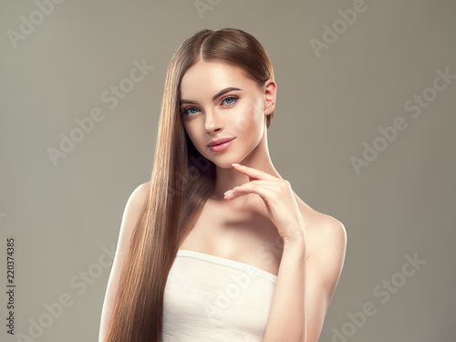 Healthy Hair Long Smooth Brunette Hairstyle Woman Beauty Stock