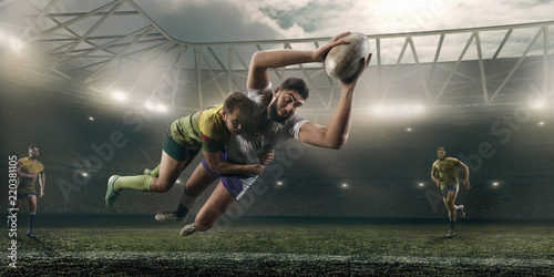 Obrazy Rugby  gracze-rugby-walcza-o-pilke-na-profesjonalnym-stadionie-rugby