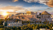 Sonnenuntergang über Der Akropolis Von Athen Mit Dem Parthenon Tempel, Griechenland