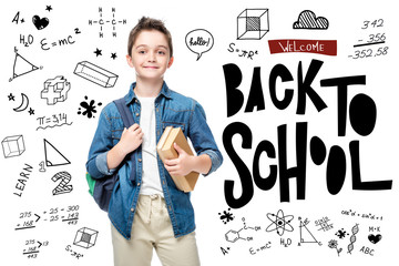 Wall Mural - schoolboy holding backpack and books isolated on white, with icons and 