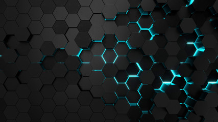 Wall Mural - Technological hexagonal background with blue neon illumination