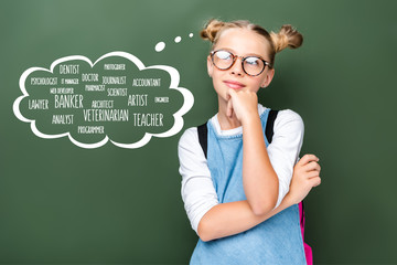 Wall Mural - pensive schoolchild in glasses looking up near blackboard with different professions in speech bubble