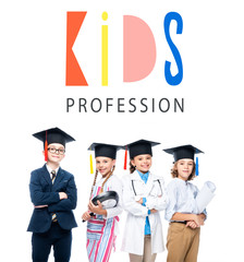 Wall Mural - schoolchildren in costumes of different professions and graduation caps isolated on white, with 