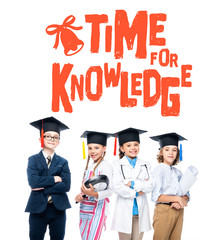 Wall Mural - schoolchildren in costumes of different professions and graduation caps isolated on white, with 